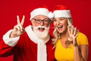 A photo of a middle aged couple wearing santa costumes and glasses standing in front of a yellow background they are smiling and pointing up with three fingers each, ai generative