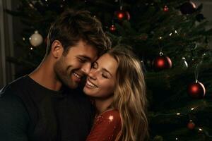 un foto de un joven Pareja abrazando en frente de un Navidad árbol, ai generativo