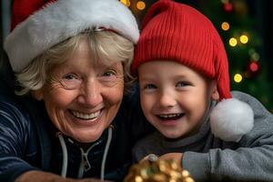 A picture of a grandma and her grandson smiling on christmas day, ai generative photo