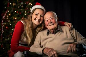 un imagen de un sonriente hija y su mayor padre en un silla de ruedas en Navidad día, ai generativo foto