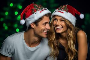 A picture of a young couple wearing santa hats and looking happy, ai generative photo