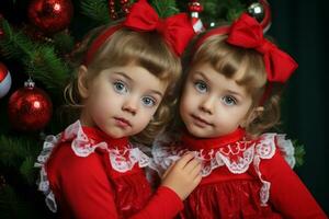 un imagen de dos niña Gemelos en pie en frente de un Navidad árbol, ai generativo foto