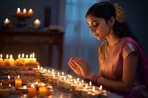 A picture of a woman who works in an office praying to god during diwali, ai generative photo