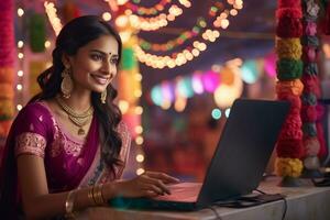 un hermosa mujer en tradicional ropa utilizando un ordenador portátil en Día de la Independencia, ai generativo foto