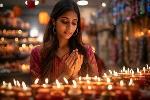 A picture of a woman working at a company praying to god during the diwali festival, ai generative photo