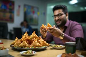 Picture of a woman eating a samos, ai generative photo