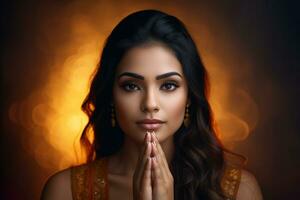 A picture of a pretty indian woman with her hands folded in prayer in front of the camera, ai generative photo