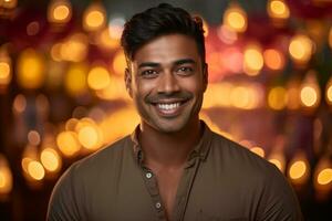 A picture of a smiling man standing at a diwali celebration, ai generative photo