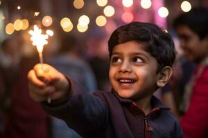 un imagen de un pequeño chico señalando durante Día de la Independencia, ai generativo foto