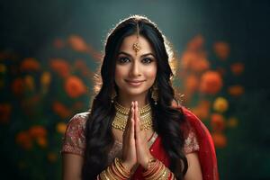 un foto de un bonito indio mujer diciendo namasté, ai generativo