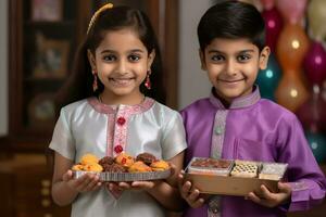 un imagen de un hindú hermano y hermana en tradicional indio ropa participación indio dulces y un regalo caja en el día de el raksha Bandhan festival, ai generativo foto