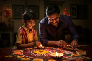 un foto de un indio hombre y su hijo haciendo un rangoli con velas, ai generativo