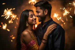 un imagen de un joven Pareja celebrando diwali con genial alegría, ai generativo foto