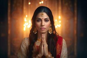 un foto de un hermosa indio mujer con su manos doblada en oración en frente de el cámara, ai generativo