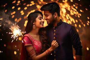 A photo of a happy indian couple in traditional clothes celebrating diwali by holding sparklers and firecrackers, ai generative