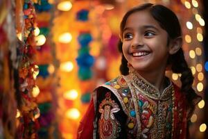 un imagen de un joven indio niña vistiendo tradicional indio ropa sonriente en frente de un decorado puja pandal a noche, ai generativo foto