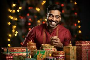 A photo of a happy indian man with diwali gifts wearing a traditional kurta during a shopping festival, ai generative