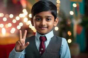 Picture of a young boy giving the thumbs up at diwali, ai generative photo