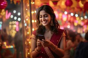 un imagen de un contento mujer en un tradicional indio vestir utilizando su teléfono durante el diwali festival, ai generativo foto