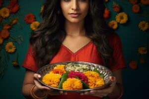 foto de un indio mujer participación un puja thali con un diya y maravilla flores, ai generativo