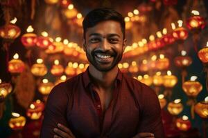 un imagen de un sonriente hombre en pie a un diwali celebracion, ai generativo foto