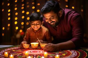 A photo of an indian man and his son making a rangoli with candles, ai generative