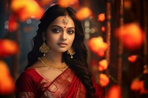 A photo of a woman wearing a traditional nine yard saree from the state of maharashtra in india  on the festival of diwali, ai generative