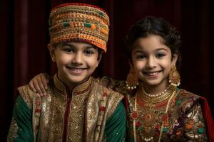 un imagen de un hermano y hermana en tradicional ropa celebrando el bhai dooj fiesta, ai generativo foto