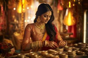 A picture of a pretty indian woman in traditional clothes looking at her new bracelets, ai generative photo