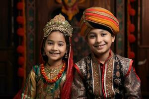 un imagen de un hermano y hermana en tradicional ropa celebrando el bhai dooj fiesta, ai generativo foto