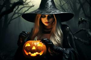 A picture of a witch dressed up for halloween holding a carved pumpkin and standing in a dark forest with magical lights, ai generative photo