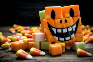 A picture of wooden blocks that spell happy halloween with candy corn and decorations on an old wooden table, ai generative photo