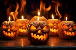 un imagen de un tallado calabaza con iluminado velas adentro, ai generativo foto