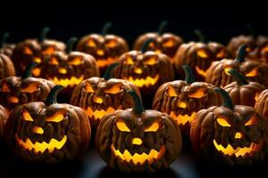 A picture of many halloween pumpkins with glowing faces lined up in a row on a black background, ai generative photo