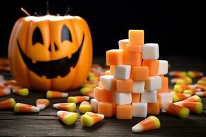 A picture of wooden blocks that spell happy halloween with candy corn and decorations on an old wooden table, ai generative photo