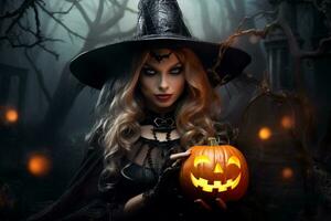 A picture of a witch dressed up for halloween holding a carved pumpkin and standing in a dark forest with magical lights, ai generative photo