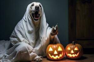 A photo of a dog dressed as a ghost for halloween sitting in front of the front door with a pumpkin lantern, ai generative