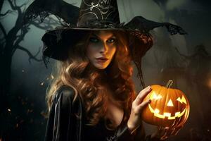 A picture of a witch dressed up for halloween holding a carved pumpkin and standing in a dark forest with magical lights, ai generative photo