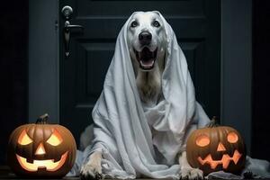 A photo of a dog dressed as a ghost for halloween sitting in front of the front door with a pumpkin lantern, ai generative