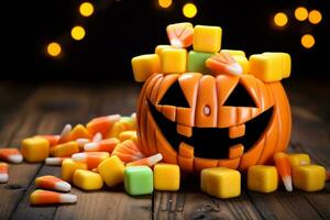 A picture of wooden blocks that spell happy halloween with candy corn and decorations on an old wooden table, ai generative photo