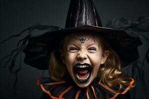 A picture of a happy and laughing little girl wearing a witch costume for halloween, ai generative photo