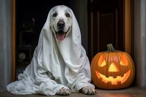 A photo of a dog dressed as a ghost for halloween sitting in front of the front door with a pumpkin lantern, ai generative