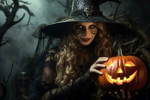 A picture of a witch dressed up for halloween holding a carved pumpkin and standing in a dark forest with magical lights, ai generative photo