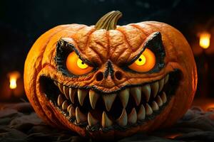 Picture of a halloween pumpkin with a smiling mouth and spooky eyes for a party at night, ai generative photo