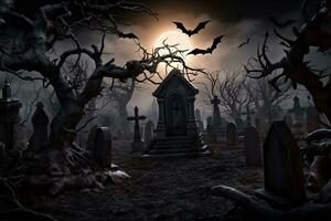 A picture of a halloween themed background with a scary graveyard, ai generative photo