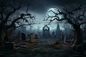 A picture of a halloween themed background with a scary graveyard, ai generative photo