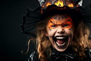 A picture of a happy and laughing little girl wearing a witch costume for halloween, ai generative photo