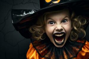 A picture of a happy and laughing little girl wearing a witch costume for halloween, ai generative photo