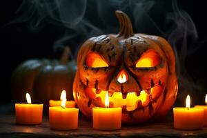 A picture of a carved pumpkin with lit candles inside, ai generative photo