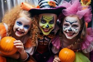 A photo of three happy siblings in funny halloween costumes indoors, ai generative